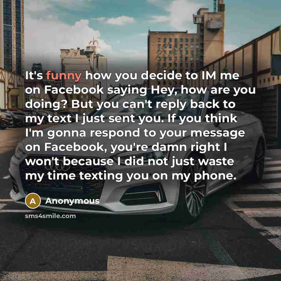 “It's funny how you decide to IM me on Facebook saying Hey, how are you doing? But you can't reply back to my text I just sent you. If you think I'm gonna respond to your message on Facebook, you're damn right I won't because I did not just waste my time texting you on my phone.” quote by Anonymous