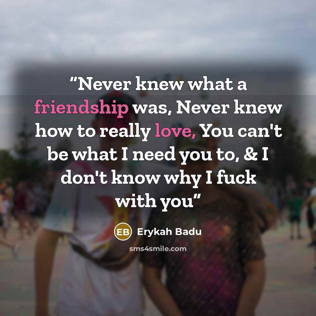 “Never knew what a friendship was, Never knew how to really love, You can't be what I need you to, & I don't know why I fuck with you” quote by Erykah Badu
