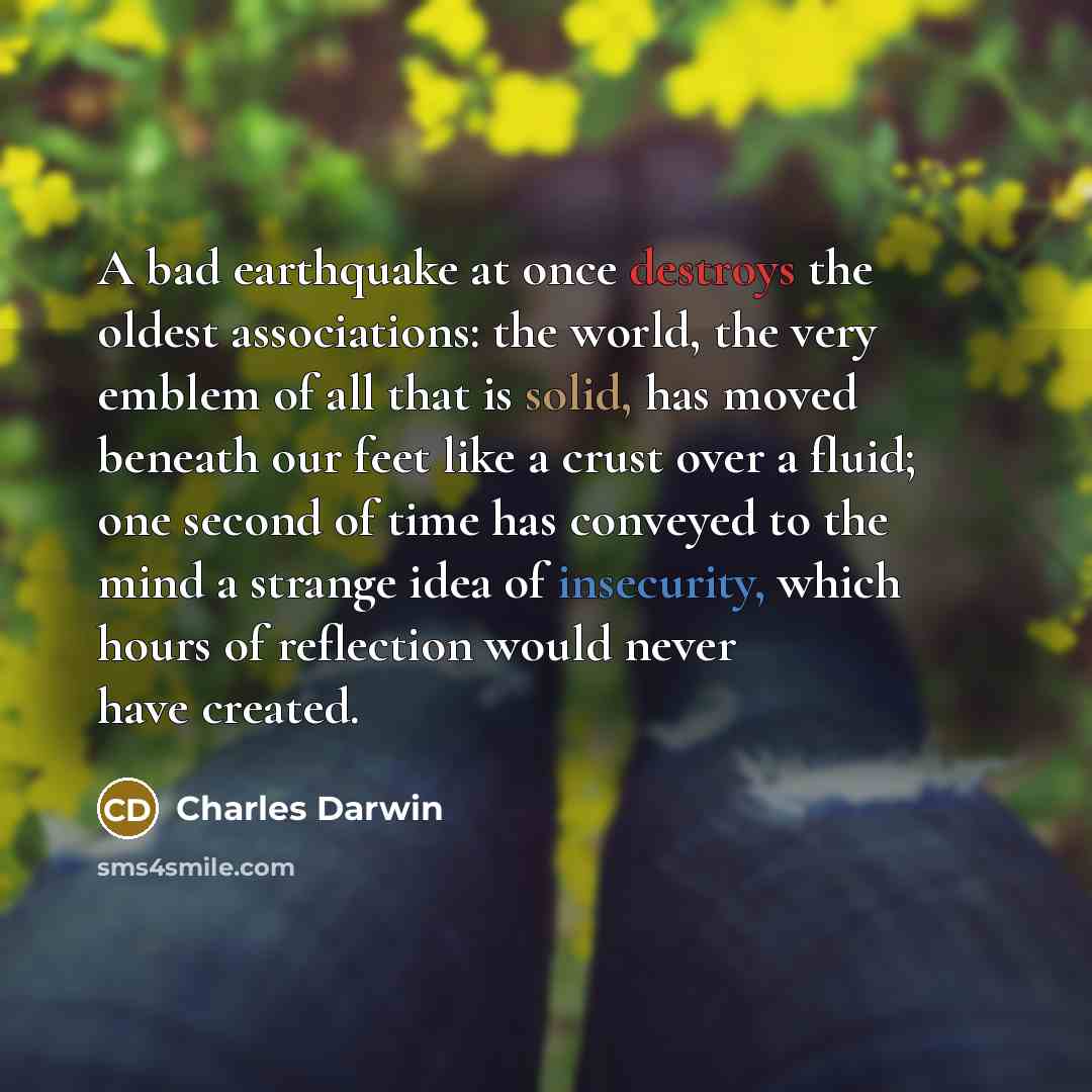 “A bad earthquake at once destroys the oldest associations: the world, the very emblem of all that is solid, has moved beneath our feet like a crust over a fluid; one second of time has conveyed to the mind a strange idea of insecurity, which hours of reflection would never have created.” quote by Charles Darwin