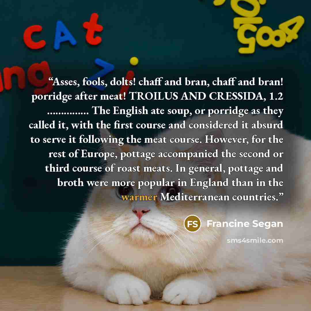 “Asses, fools, dolts! chaff and bran, chaff and bran! porridge after meat! TROILUS AND CRESSIDA, 1.2 …………… The English ate soup, or porridge as they called it, with the first course and considered it absurd to serve it following the meat course. However, for the rest of Europe, pottage accompanied…” quote by Francine Segan