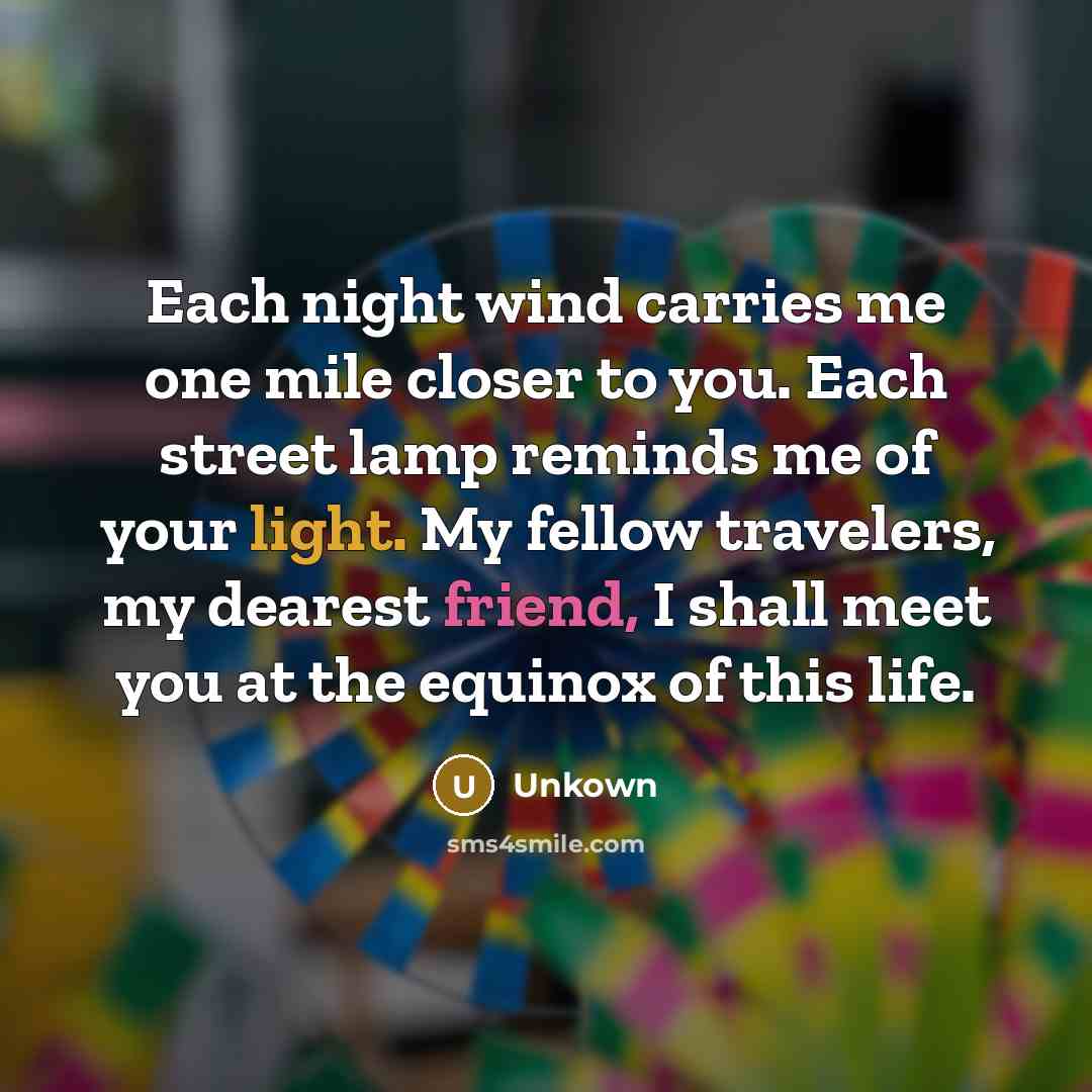 “Each night wind carries me one mile closer to you. Each street lamp reminds me of your light. My fellow travelers, my dearest friend, I shall meet you at the equinox of this life.” quote by Unkown