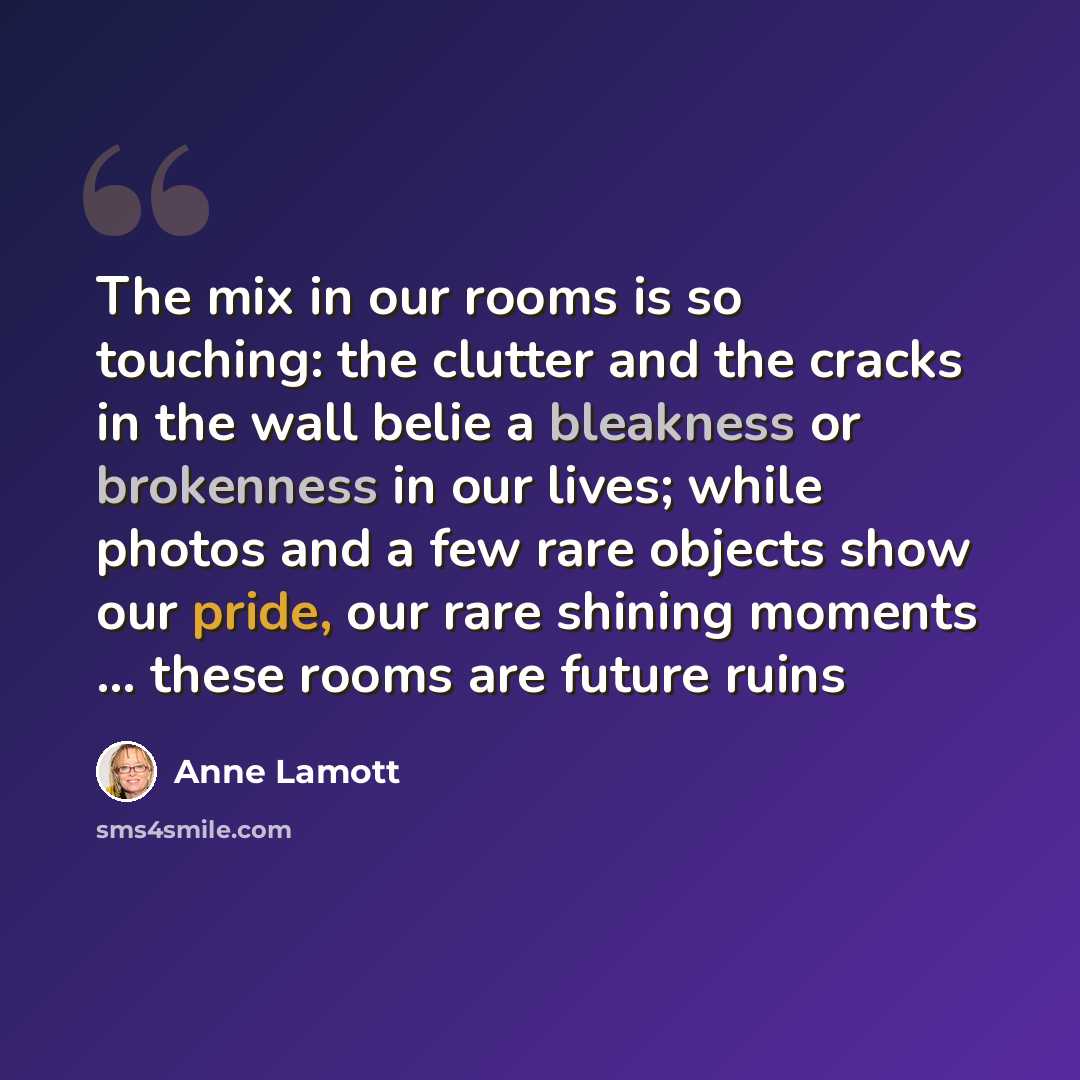 “The mix in our rooms is so touching: the clutter and the cracks in the wall belie a bleakness or brokenness in our lives; while photos and a few rare objects show our pride, our rare shining moments ... these rooms are future ruins” quote by Anne Lamott