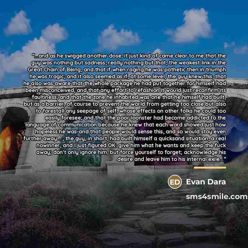 “...and as he swigged another dose, it just kind of came clear to me that the guy was nothing but sadness, really nothing but that, the weakest link in the Great Chain of Being, and that if when raging he was pathetic then in triumph he was tragic; and it also seemed as if, at some level, the guy…” quote by Evan Dara