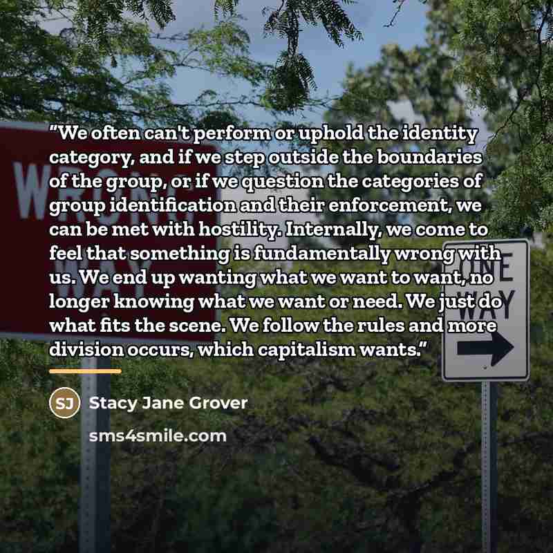 “We often can't perform or uphold the identity category, and if we step outside the boundaries of the group, or if we question the categories of group identification and their enforcement, we can be met with hostility. Internally, we come to feel that something is fundamentally wrong with us. We…” quote by Stacy Jane Grover