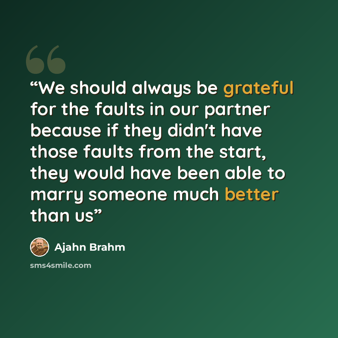 “We should always be grateful for the faults in our partner because if they didn't have those faults from the start, they would have been able to marry someone much better than us” quote by Ajahn Brahm