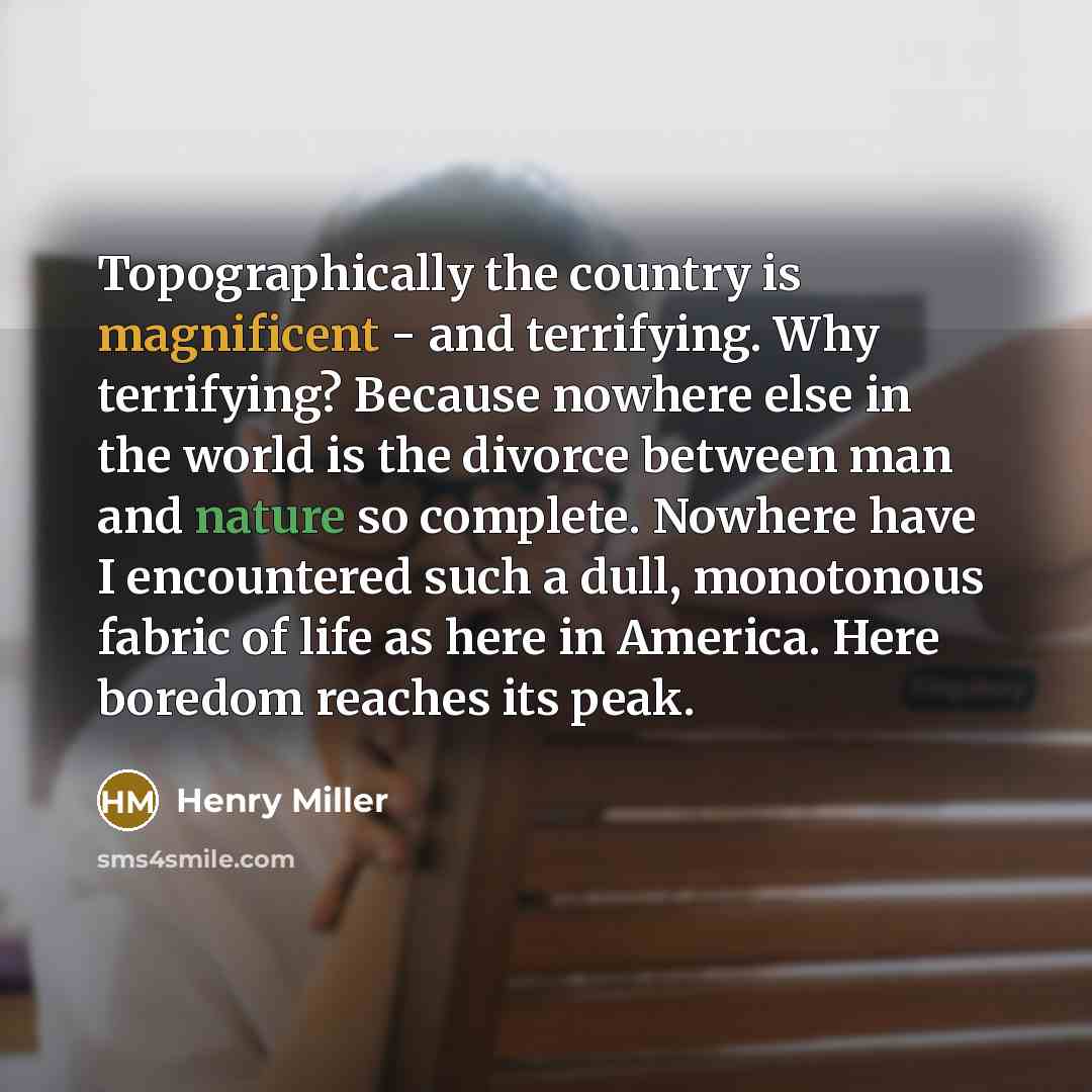 “Topographically the country is magnificent - and terrifying. Why terrifying? Because nowhere else in the world is the divorce between man and nature so complete. Nowhere have I encountered such a dull, monotonous fabric of life as here in America. Here boredom reaches its peak.” quote by Henry Miller