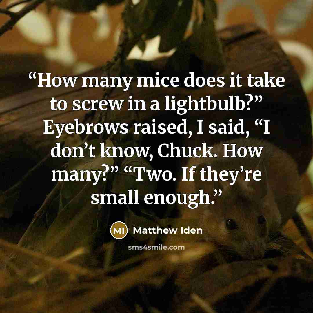 “How many mice does it take to screw in a lightbulb?” Eyebrows raised, I said, “I don’t know, Chuck. How many?” “Two. If they’re small enough.” quote by Matthew Iden