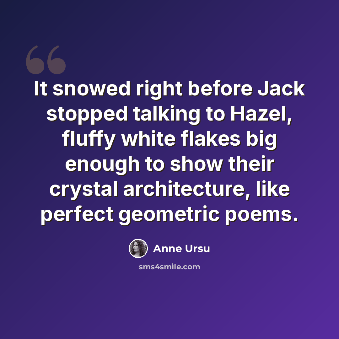 “It snowed right before Jack stopped talking to Hazel, fluffy white flakes big enough to show their crystal architecture, like perfect geometric poems.” quote by Anne Ursu