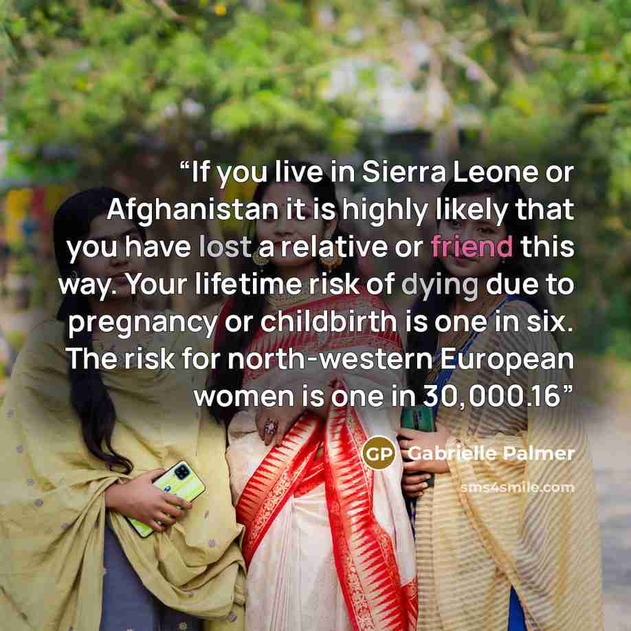 “If you live in Sierra Leone or Afghanistan it is highly likely that you have lost a relative or friend this way. Your lifetime risk of dying due to pregnancy or childbirth is one in six. The risk for north-western European women is one in 30,000.16” quote by Gabrielle Palmer