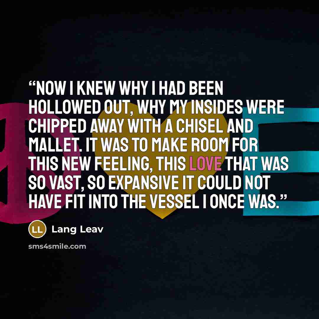 “Now I knew why I had been hollowed out, why my insides were chipped away with a chisel and mallet. It was to make room for this new feeling, this love that was so vast, so expansive it could not have fit into the vessel I once was.” quote by Lang Leav