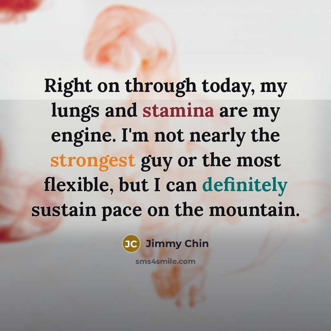“Right on through today, my lungs and stamina are my engine. I'm not nearly the strongest guy or the most flexible, but I can definitely sustain pace on the mountain.” quote by Jimmy Chin
