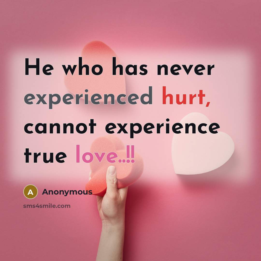 “He who has never experienced hurt, cannot experience true love..!!” quote by Anonymous