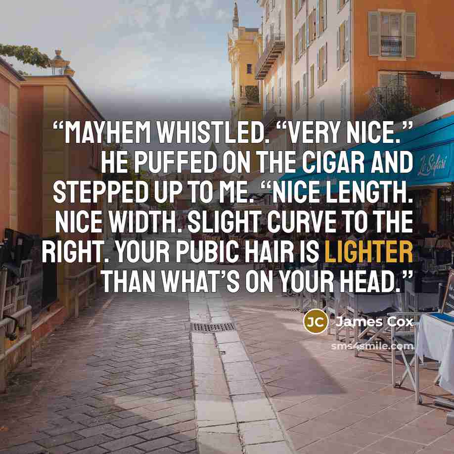 “Mayhem whistled. “Very nice.” He puffed on the cigar and stepped up to me. “Nice length. Nice width. Slight curve to the right. Your pubic hair is lighter than what’s on your head.” quote by James Cox