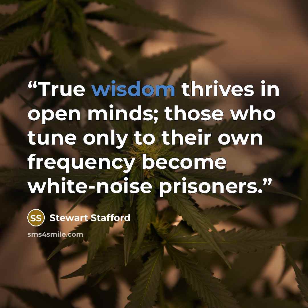 “True wisdom thrives in open minds; those who tune only to their own frequency become white-noise prisoners.” quote by Stewart Stafford