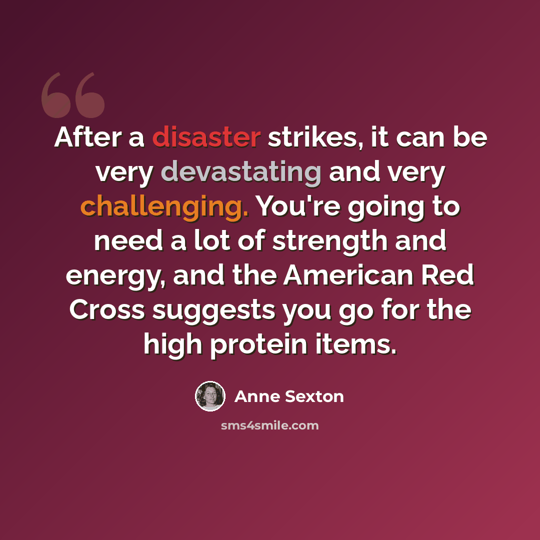 “After a disaster strikes, it can be very devastating and very challenging. You're going to need a lot of strength and energy, and the American Red Cross suggests you go for the high protein items.” quote by Anne Sexton