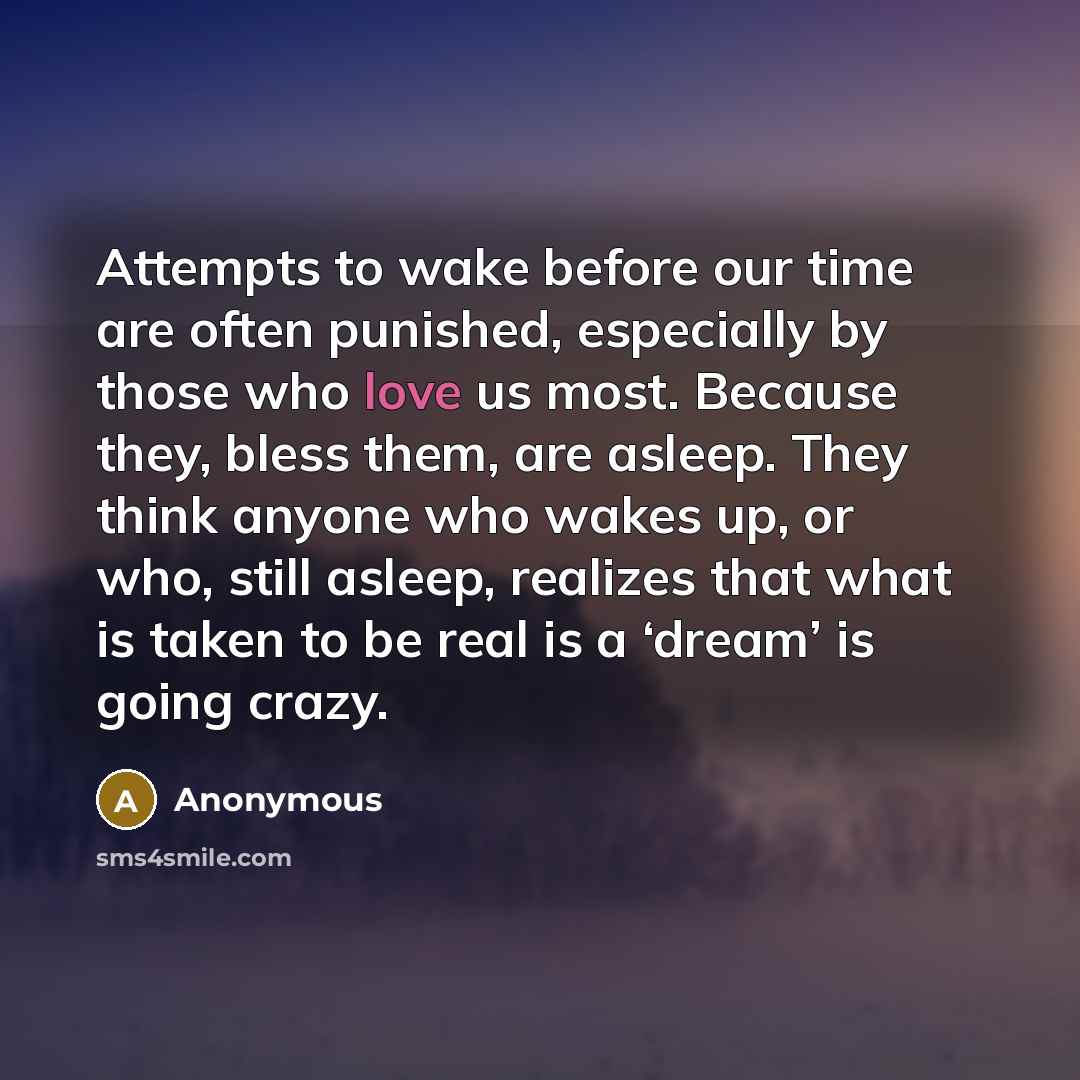 “Attempts to wake before our time are often punished, especially by those who love us most. Because they, bless them, are asleep. They think anyone who wakes up, or who, still asleep, realizes that what is taken to be real is a ‘dream’ is going crazy.” quote by Anonymous