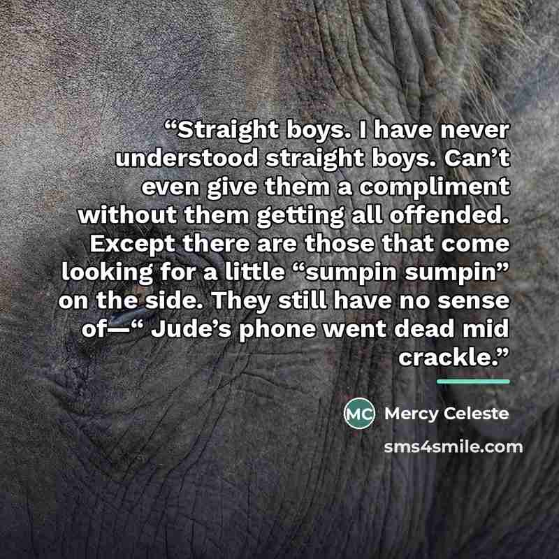 “Straight boys. I have never understood straight boys. Can’t even give them a compliment without them getting all offended. Except there are those that come looking for a little “sumpin sumpin” on the side. They still have no sense of—“ Jude’s phone went dead mid crackle.” quote by Mercy Celeste
