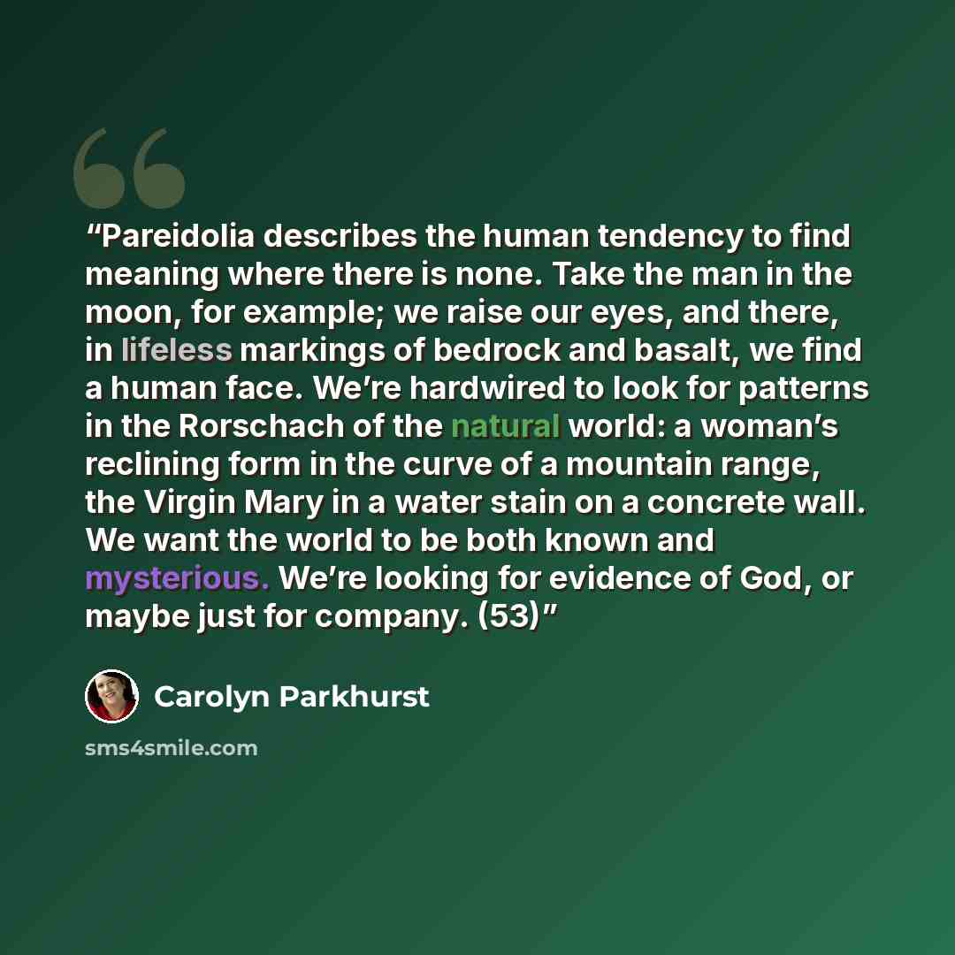 “Pareidolia describes the human tendency to find meaning where there is none. Take the man in the moon, for example; we raise our eyes, and there, in lifeless markings of bedrock and basalt, we find a human face. We’re hardwired to look for patterns in the Rorschach of the natural world: a woman’s…” quote by Carolyn Parkhurst