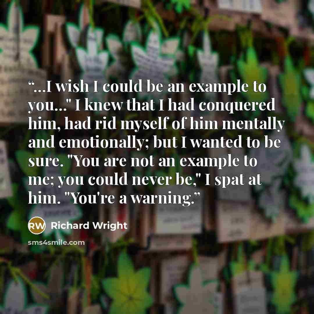“...I wish I could be an example to you..." I knew that I had conquered him, had rid myself of him mentally and emotionally; but I wanted to be sure. "You are not an example to me; you could never be," I spat at him. "You're a warning.” quote by Richard Wright