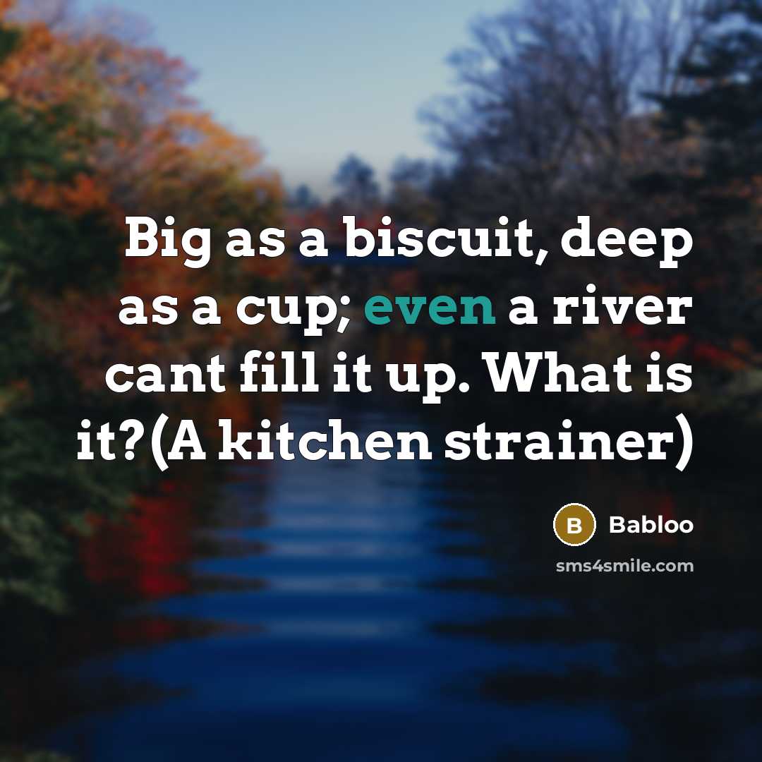 “Big as a biscuit, deep as a cup; even a river cant fill it up. What is it?(A kitchen strainer)” quote by Babloo