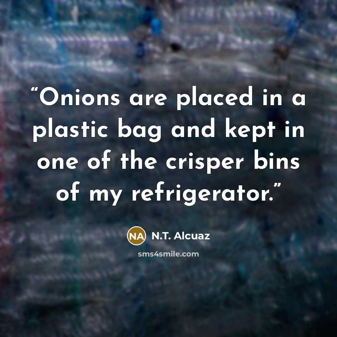 “Onions are placed in a plastic bag and kept in one of the crisper bins of my refrigerator.” quote by N.T. Alcuaz