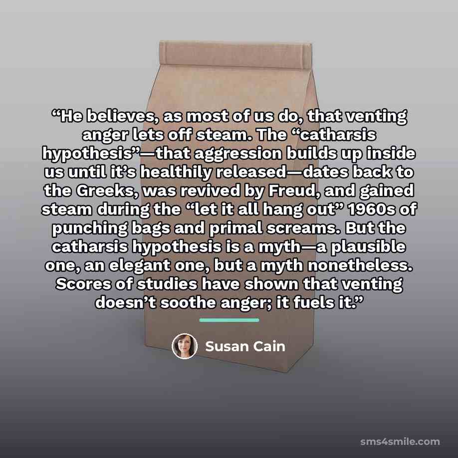 “He believes, as most of us do, that venting anger lets off steam. The “catharsis hypothesis”—that aggression builds up inside us until it’s healthily released—dates back to the Greeks, was revived by Freud, and gained steam during the “let it all hang out” 1960s of punching bags and primal…” quote by Susan Cain