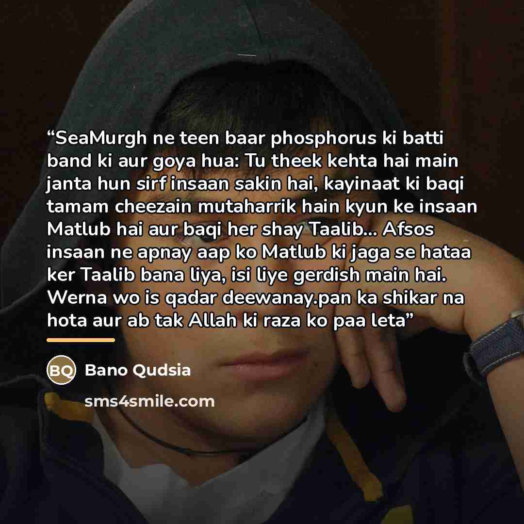 “SeaMurgh ne teen baar phosphorus ki batti band ki aur goya hua: Tu theek kehta hai main janta hun sirf insaan sakin hai, kayinaat ki baqi tamam cheezain mutaharrik hain kyun ke insaan Matlub hai aur baqi her shay Taalib... Afsos insaan ne apnay aap ko Matlub ki jaga se hataa ker Taalib bana liya…” quote by Anonymous