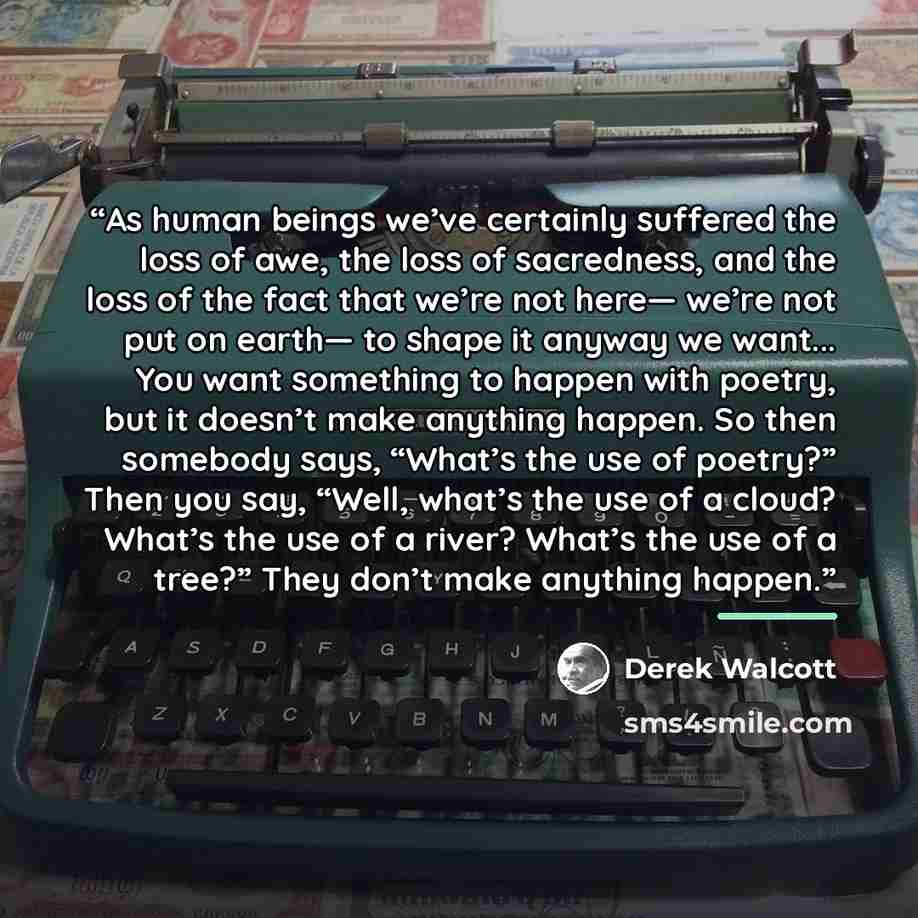“As human beings we’ve certainly suffered the loss of awe, the loss of sacredness, and the loss of the fact that we’re not here— we’re not put on earth— to shape it anyway we want... You want something to happen with poetry, but it doesn’t make anything happen. So then somebody says, “What’s the…” quote by Derek Walcott