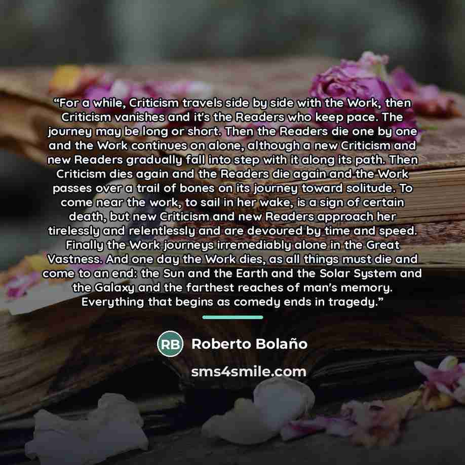 “For a while, Criticism travels side by side with the Work, then Criticism vanishes and it's the Readers who keep pace. The journey may be long or short. Then the Readers die one by one and the Work continues on alone, although a new Criticism and new Readers gradually fall into step with it along…” quote by Roberto Bolaño