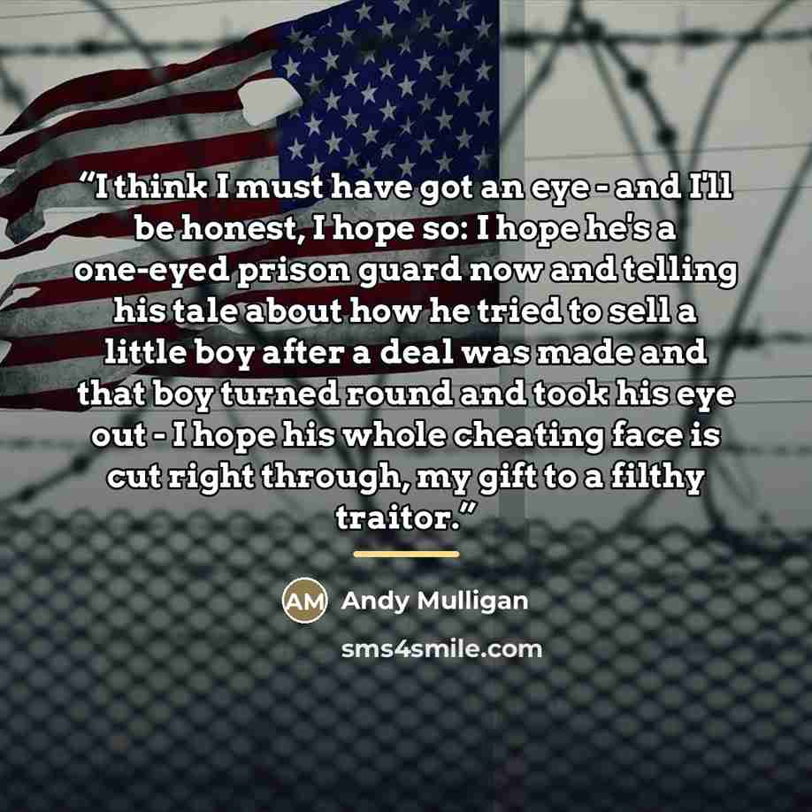 “I think I must have got an eye - and I'll be honest, I hope so: I hope he's a one-eyed prison guard now and telling his tale about how he tried to sell a little boy after a deal was made and that boy turned round and took his eye out - I hope his whole cheating face is cut right through, my gift…” quote by Andy Mulligan