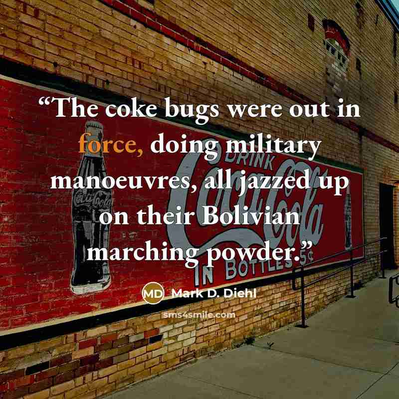 “The coke bugs were out in force, doing military manoeuvres, all jazzed up on their Bolivian marching powder.” quote by Mark D. Diehl