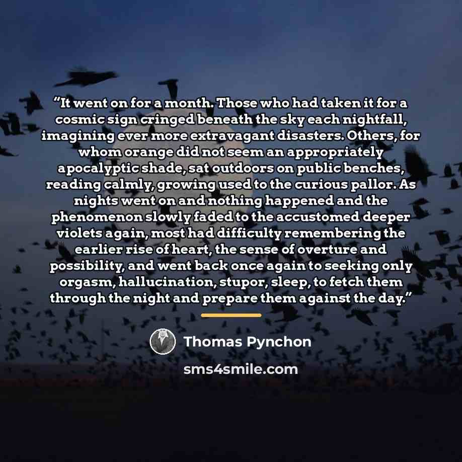 “It went on for a month. Those who had taken it for a cosmic sign cringed beneath the sky each nightfall, imagining ever more extravagant disasters. Others, for whom orange did not seem an appropriately apocalyptic shade, sat outdoors on public benches, reading calmly, growing used to the curious…” quote by Thomas Pynchon