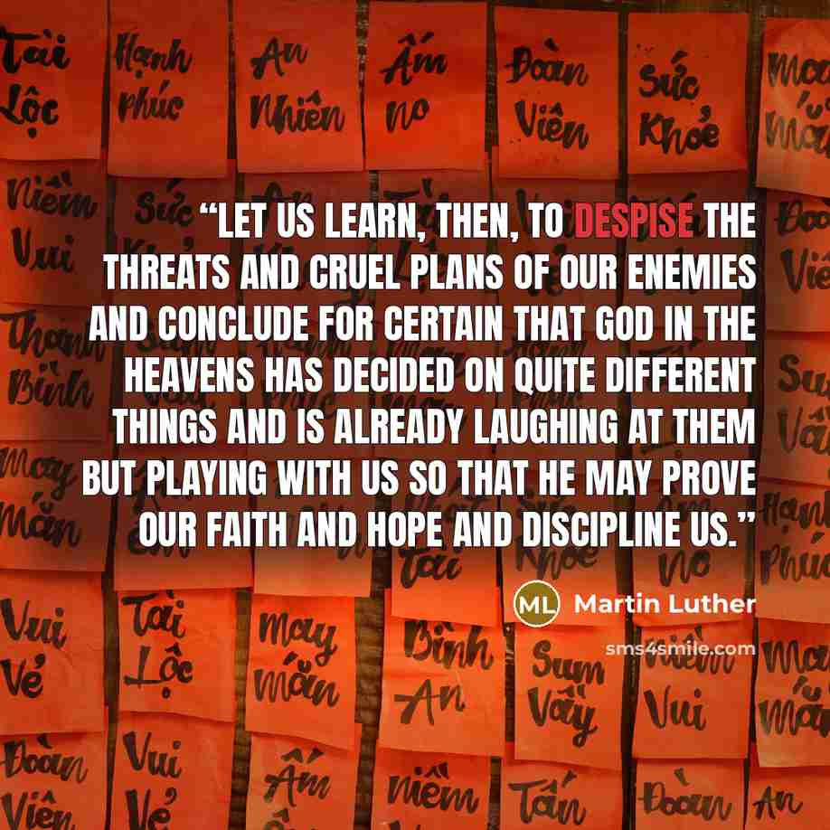 “Let us learn, then, to despise the threats and cruel plans of our enemies and conclude for certain that God in the heavens has decided on quite different things and is already laughing at them but playing with us so that He may prove our faith and hope and discipline us.” quote by Martin Luther