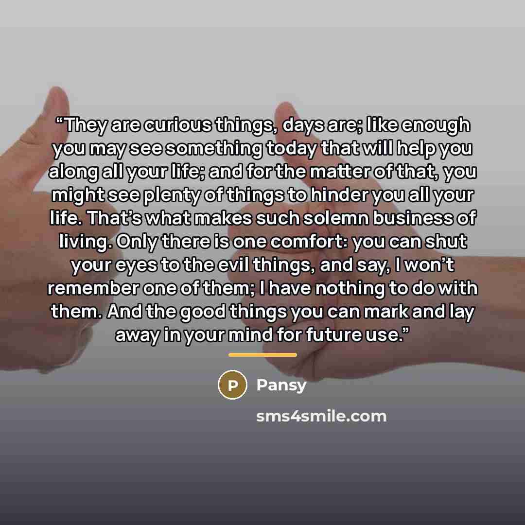 “They are curious things, days are; like enough you may see something today that will help you along all your life; and for the matter of that, you might see plenty of things to hinder you all your life. That’s what makes such solemn business of living. Only there is one comfort: you can shut your…” quote by Pansy