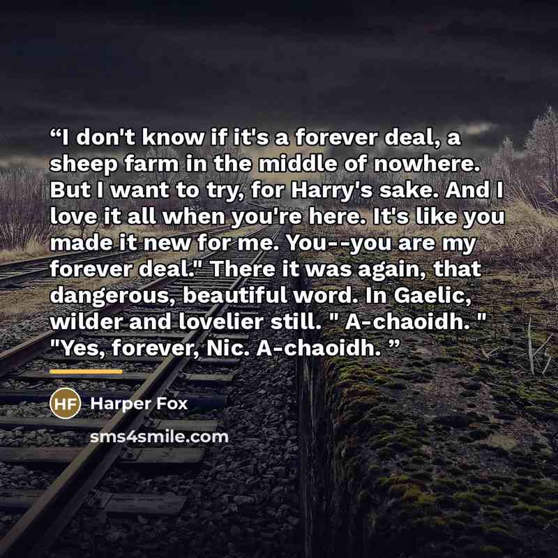 “I don't know if it's a forever deal, a sheep farm in the middle of nowhere. But I want to try, for Harry's sake. And I love it all when you're here. It's like you made it new for me. You--you are my forever deal." There it was again, that dangerous, beautiful word. In Gaelic, wilder and lovelier…” quote by Harper Fox