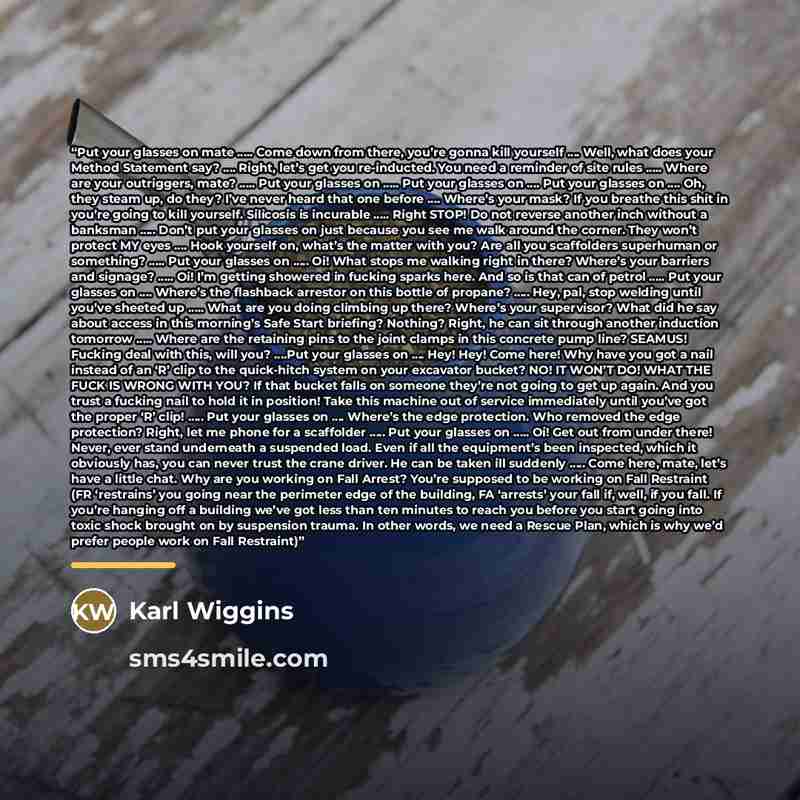“Put your glasses on mate ….. Come down from there, you’re gonna kill yourself …. Well, what does your Method Statement say? …. Right, let’s get you re-inducted. You need a reminder of site rules ….. Where are your outriggers, mate? ….. Put your glasses on ….. Put your glasses on …. Put your…” quote by Karl Wiggins