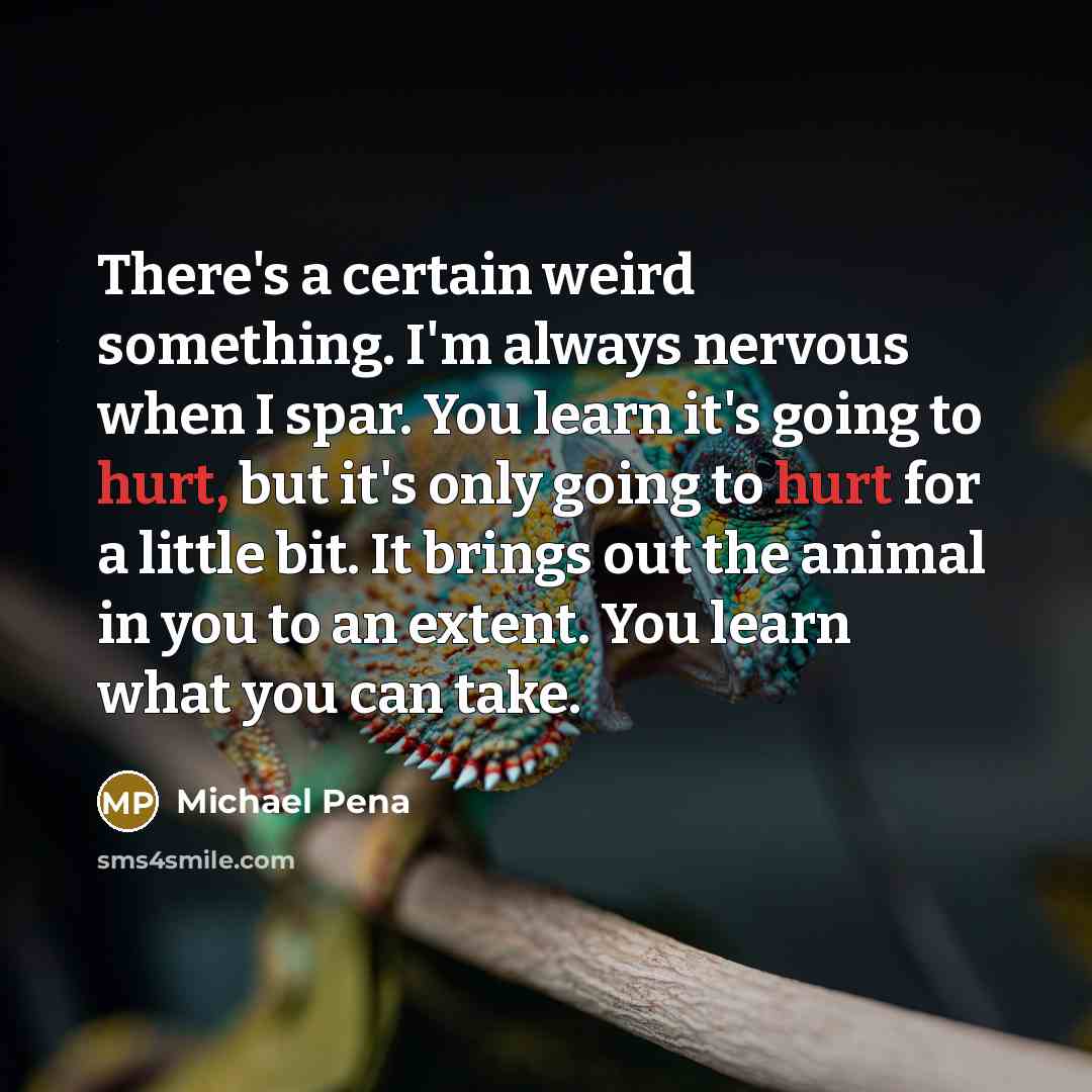 “There's a certain weird something. I'm always nervous when I spar. You learn it's going to hurt, but it's only going to hurt for a little bit. It brings out the animal in you to an extent. You learn what you can take.” quote by Michael Pena