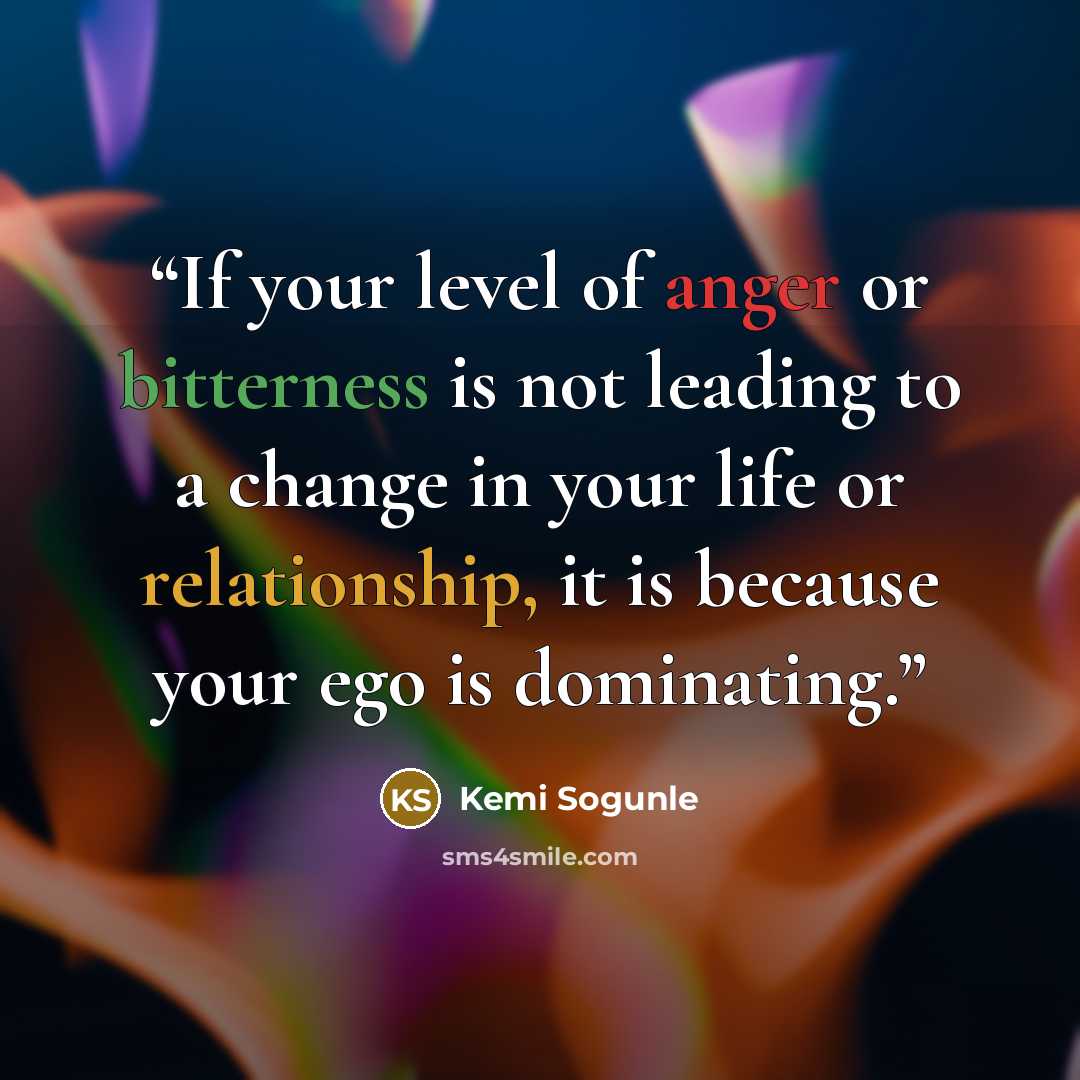 “If your level of anger or bitterness is not leading to a change in your life or relationship, it is because your ego is dominating.” quote by Kemi Sogunle
