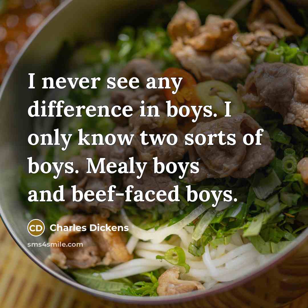 “I never see any difference in boys. I only know two sorts of boys. Mealy boys and beef-faced boys.” quote by Charles Dickens
