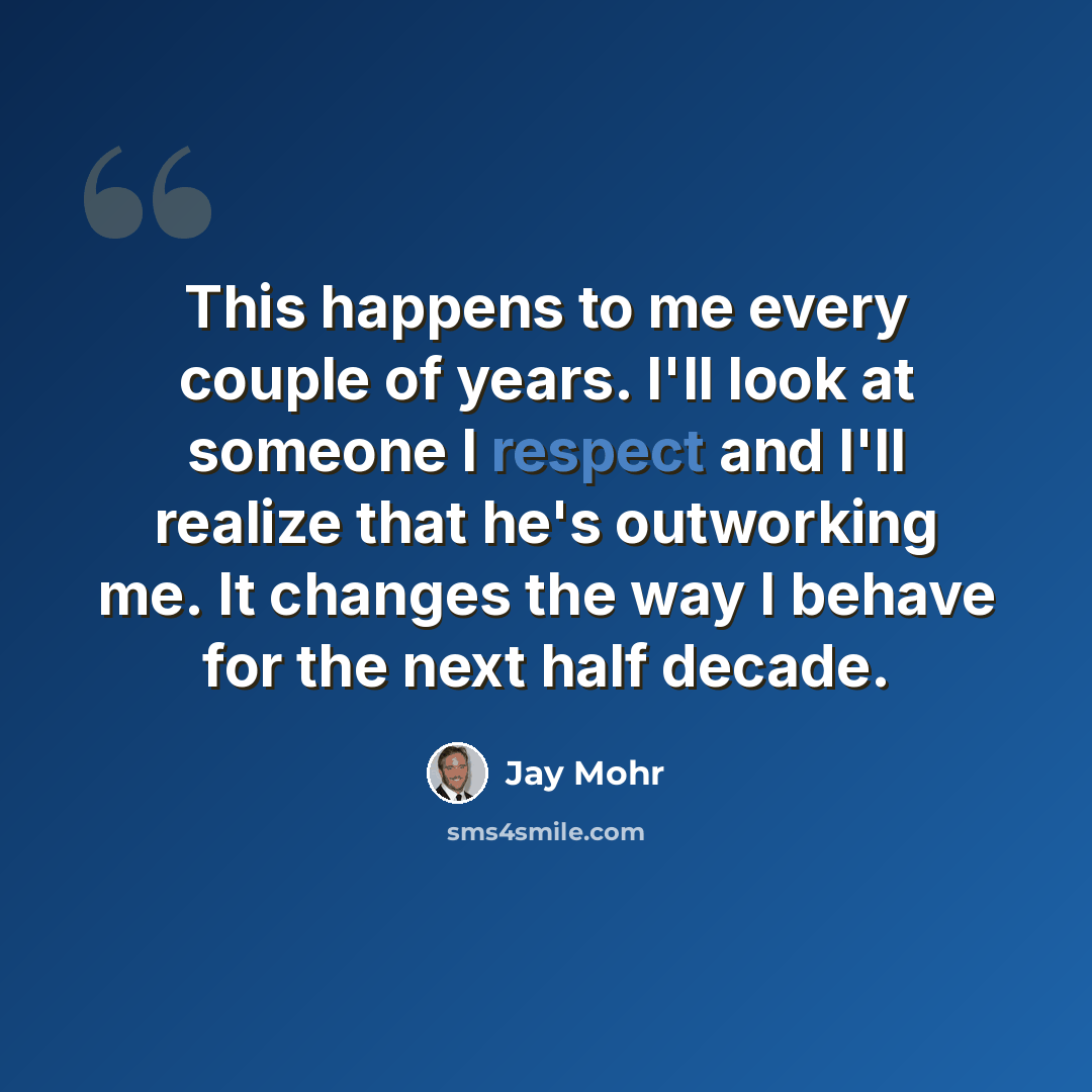“This happens to me every couple of years. I'll look at someone I respect and I'll realize that he's outworking me. It changes the way I behave for the next half decade.” quote by Jay Mohr