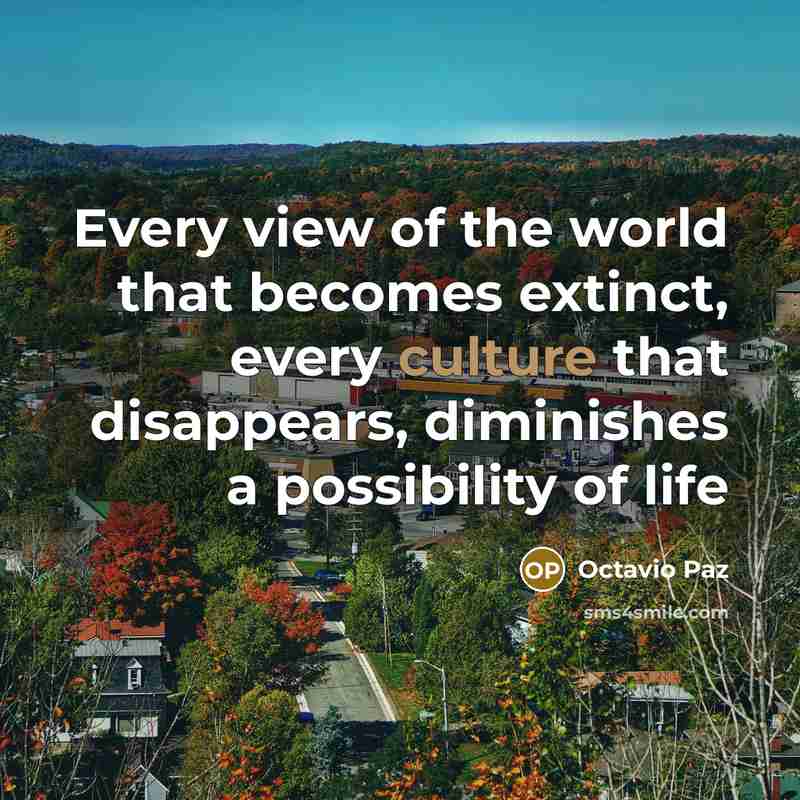 “Every view of the world that becomes extinct, every culture that disappears, diminishes a possibility of life” quote by Octavio Paz
