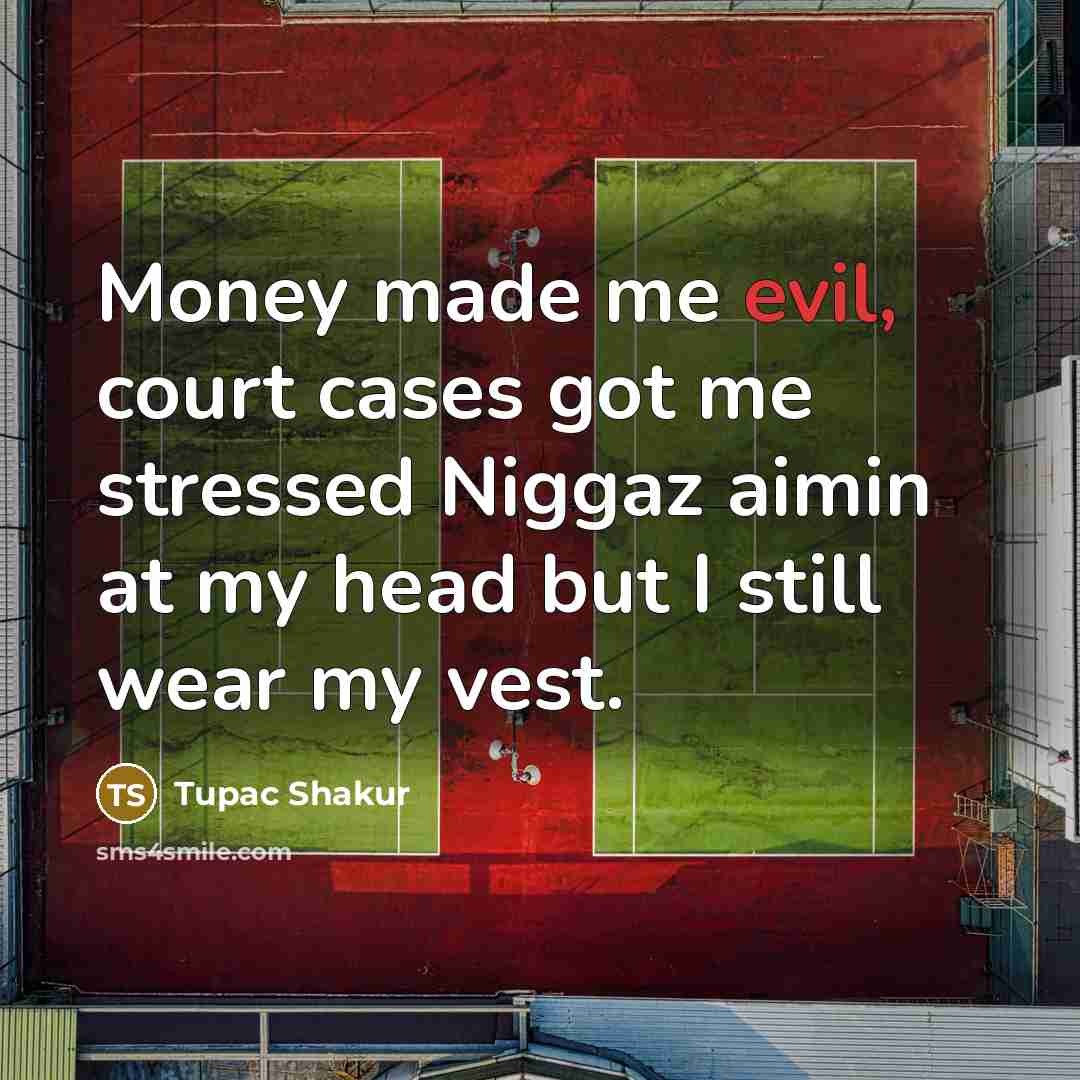 “Money made me evil, court cases got me stressed Niggaz aimin at my head but I still wear my vest.” quote by Tupac Shakur