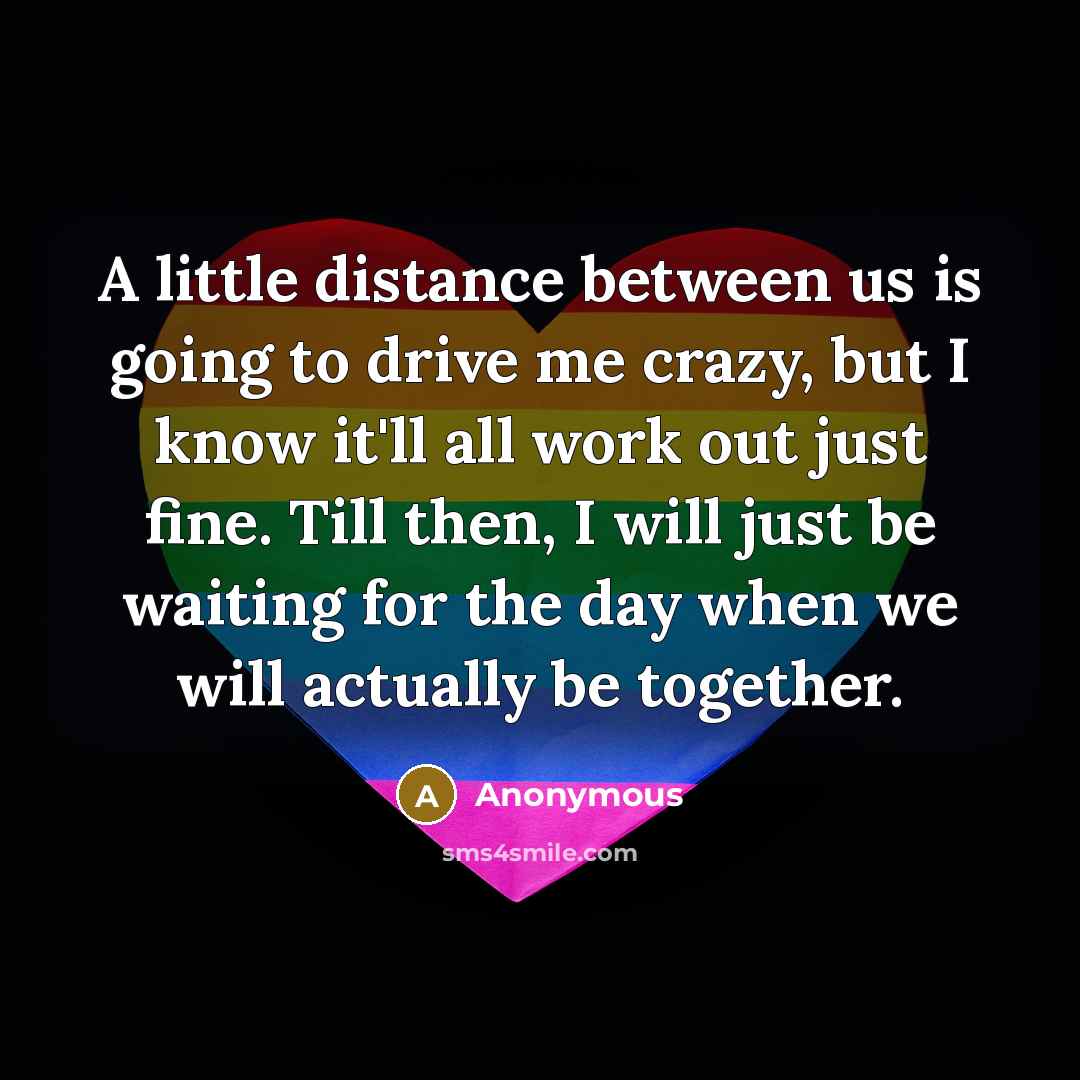 “A little distance between us is going to drive me crazy, but I know it'll all work out just fine. Till then, I will just be waiting for the day when we will actually be together.” quote by Anonymous