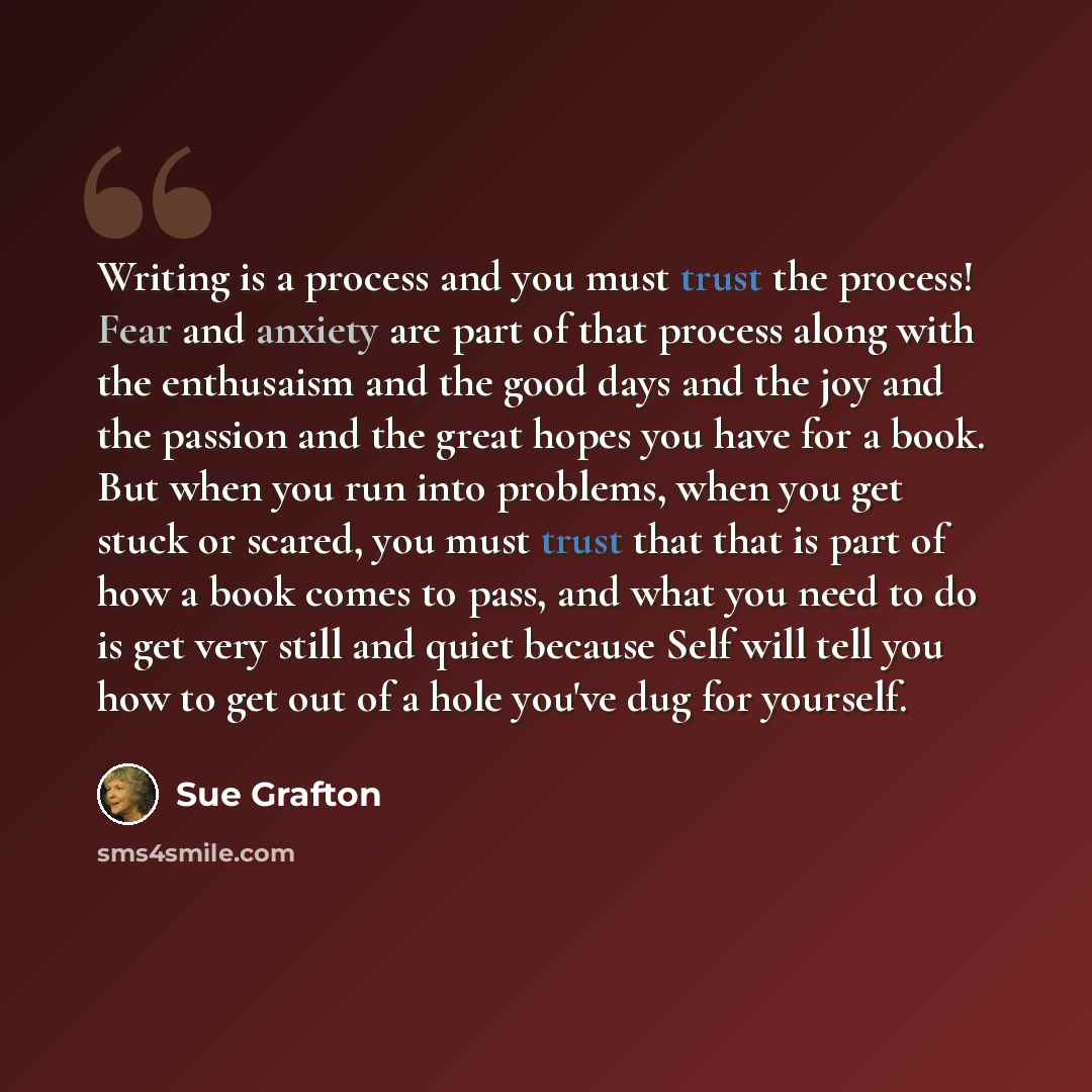 “Writing is a process and you must trust the process! Fear and anxiety are part of that process along with the enthusaism and the good days and the joy and the passion and the great hopes you have for a book. But when you run into problems, when you get stuck or scared, you must trust that that is…” quote by Sue Grafton
