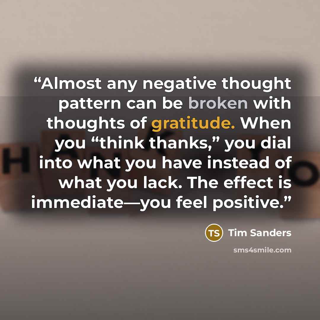 “Almost any negative thought pattern can be broken with thoughts of gratitude. When you “think thanks,” you dial into what you have instead of what you lack. The effect is immediate—you feel positive.” quote by Tim Sanders
