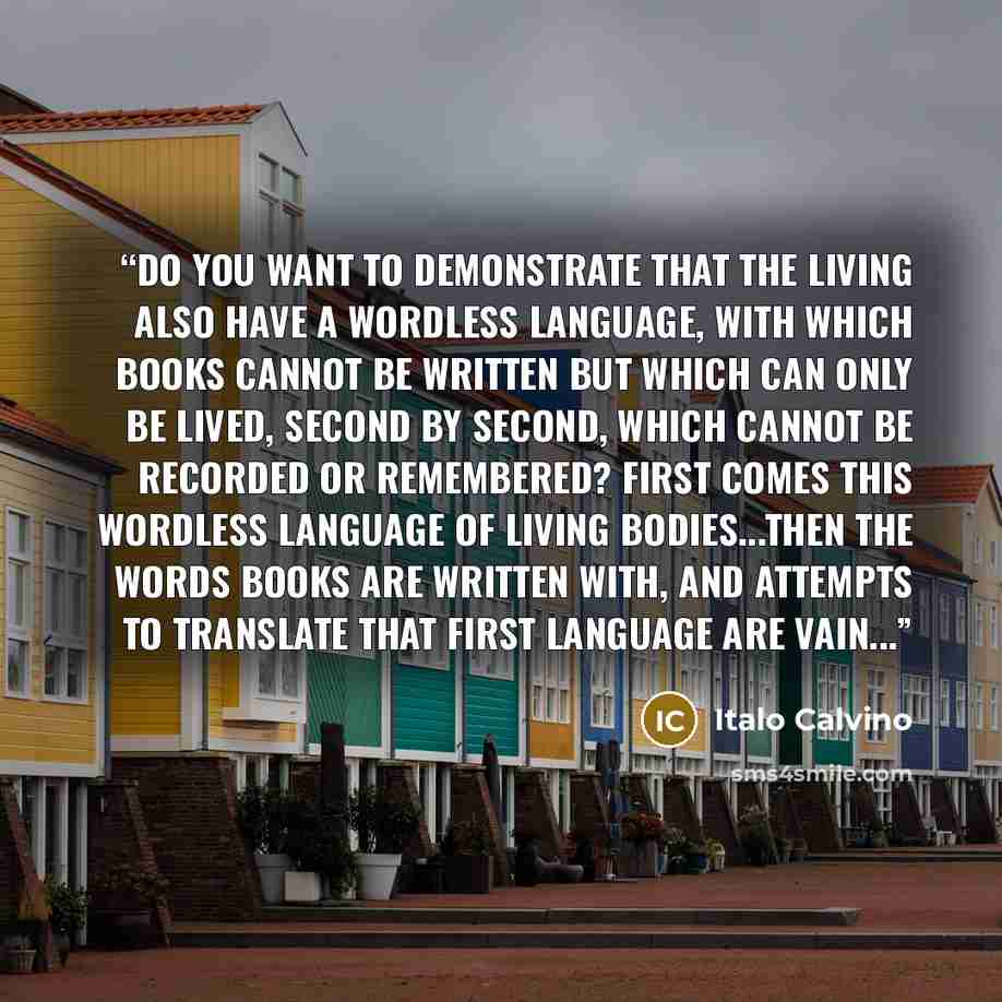 “Do you want to demonstrate that the living also have a wordless language, with which books cannot be written but which can only be lived, second by second, which cannot be recorded or remembered? First comes this wordless language of living bodies...then the words books are written with, and…” quote by Italo Calvino