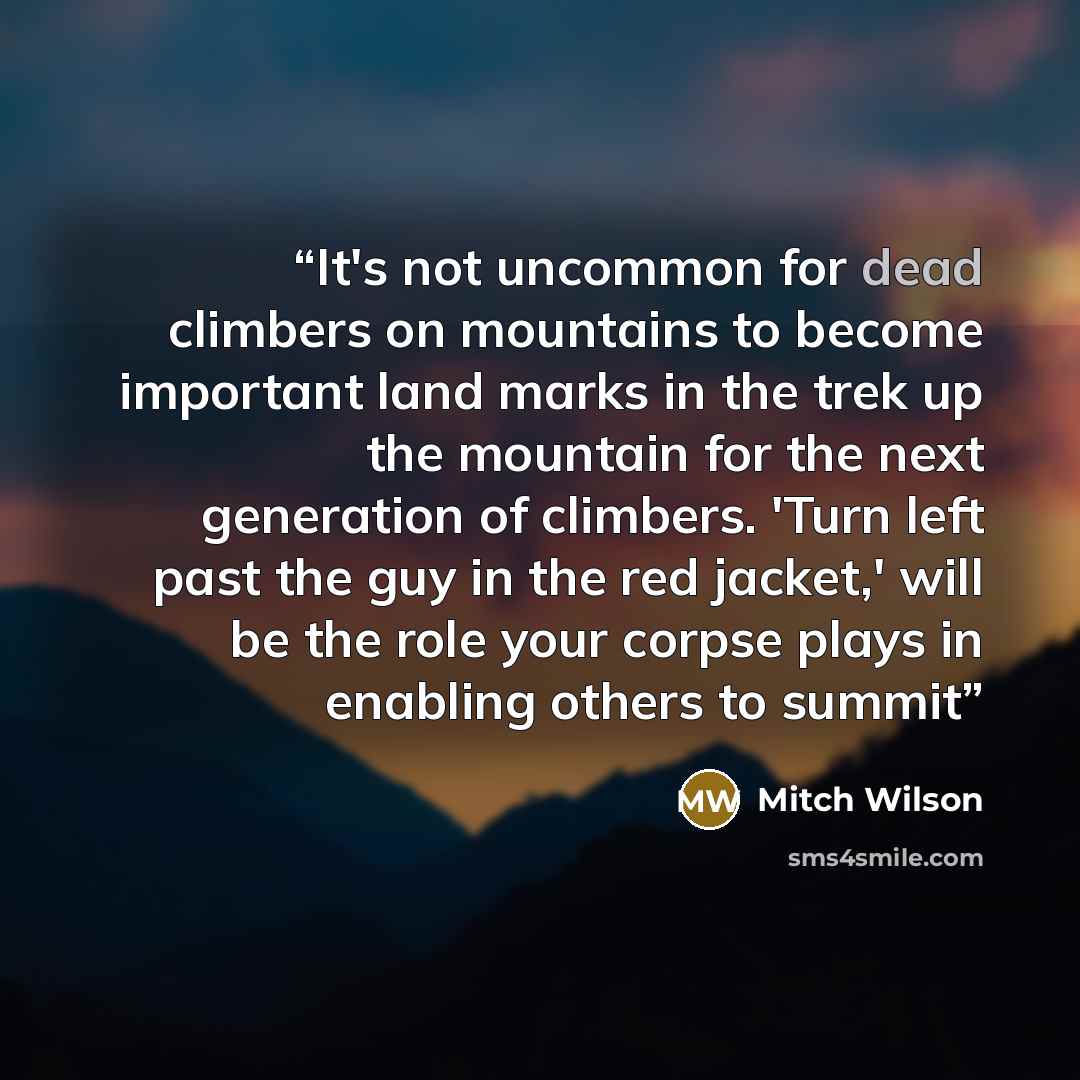 “It's not uncommon for dead climbers on mountains to become important land marks in the trek up the mountain for the next generation of climbers. 'Turn left past the guy in the red jacket,' will be the role your corpse plays in enabling others to summit” quote by Mitch Wilson