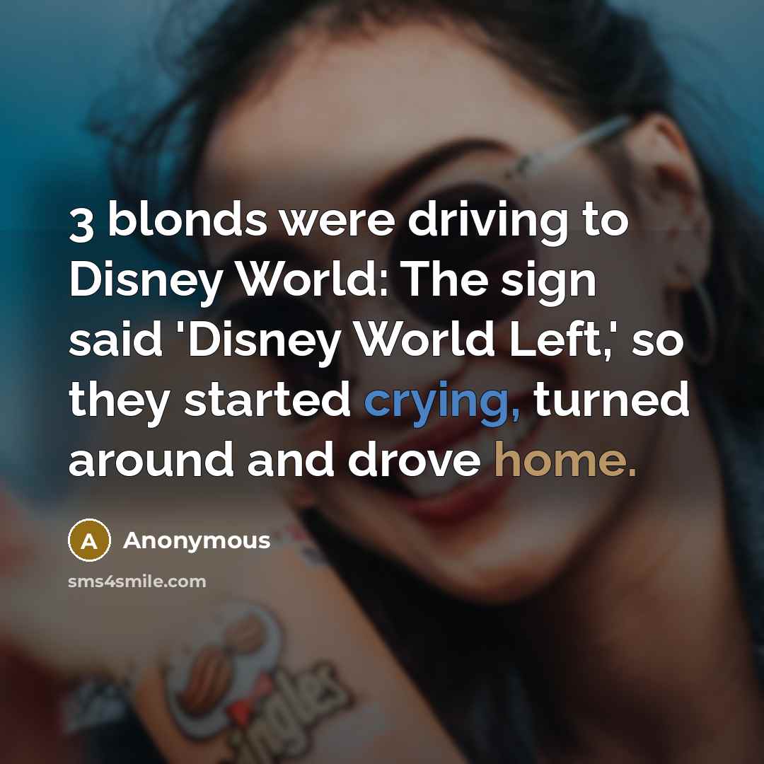 “3 blonds were driving to Disney World: The sign said 'Disney World Left,' so they started crying, turned around and drove home.” quote by Anonymous