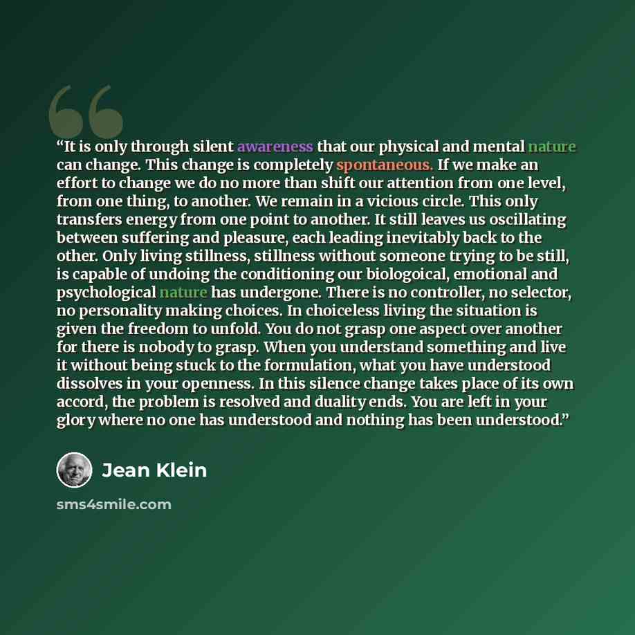 “It is only through silent awareness that our physical and mental nature can change. This change is completely spontaneous. If we make an effort to change we do no more than shift our attention from one level, from one thing, to another. We remain in a vicious circle. This only transfers energy…” quote by Jean Klein