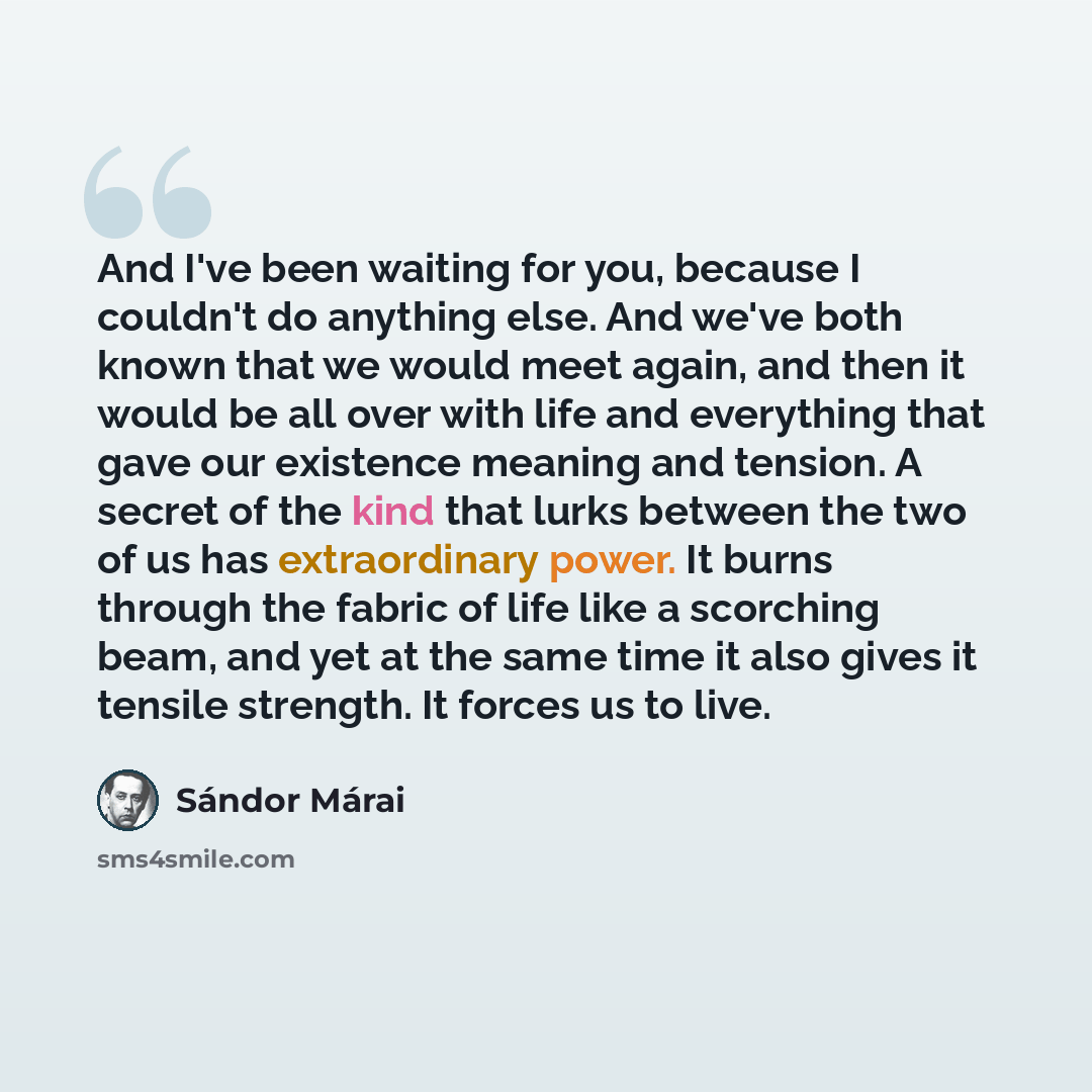 “And I've been waiting for you, because I couldn't do anything else. And we've both known that we would meet again, and then it would be all over with life and everything that gave our existence meaning and tension. A secret of the kind that lurks between the two of us has extraordinary power. It…” quote by Sándor Márai